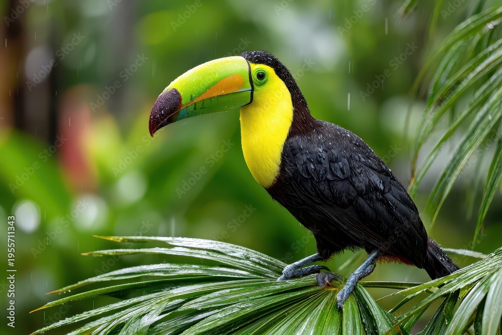 Naklejka premium Close-up portrait of a Keel-billed Toucan perched on a lush green palm leaf in a rainy tropical forest, showcasing its vibrant colors and distinct features.