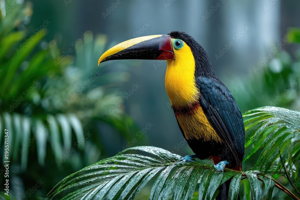 Naklejka premium A vibrant yellow-throated toucan perched on a lush, green palm leaf in a tropical rainforest, displaying its vivid colors and striking features with natural beauty.