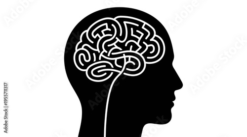 Minimalist Human Profile Silhouette with Tangled Mind Line Art, Anxiety and Overthinking Concept