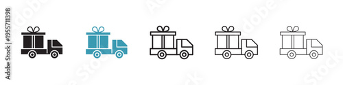 Truck carrying gift box icon in flat style. Basic vector symbol illustration