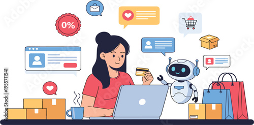 Online Shopping and AI Assistant Vector Illustration with Woman Using Laptop, Robot Support, Credit Card Payment, Delivery Boxes, and E Commerce Icons
