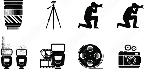 Photography equipment silhouette set, camera lens, tripod, photographer, flash, film roll, video reel, vintage camera icons, isolated vector on white.