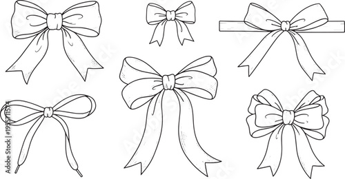 A collection of various decorative ribbon bows and knotted silk ties in thin line style for festive design hand drawn vector illustration doodle art