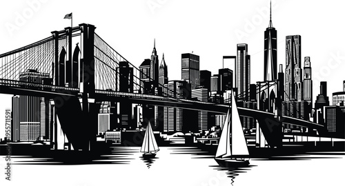 Black and white of Brooklyn Bridge and New York City skyline with sailboats