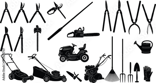 Garden tools silhouette set, lawn mower, chainsaw, shears, rake, shovel, gardening equipment icons, backyard maintenance vector elements, isolated on white.