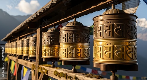 A close up view of traditional tibetan prayer wheels lined up with prayer flags in the beautiful himalayan mountain range illustration