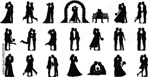 Wedding couple silhouettes set, bride and groom romantic poses, marriage ceremony icons, love and relationship vector elements, isolated on white.