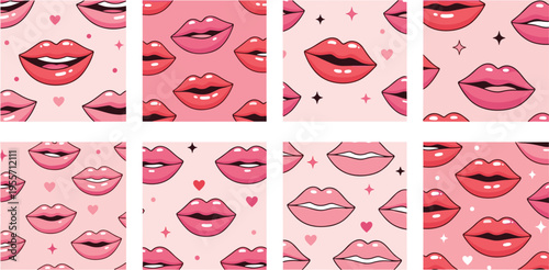 Seamless Lips Pattern Vector Collection with Cute Pink and Red Mouth Illustrations for Fashion Prints, Beauty Branding, Romantic Designs, and Trendy Backgrounds