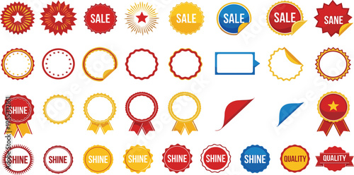 Sale Badge and Label Vector Set with Discount Stickers, Promotional Tags, Quality Seals, and Ribbon Emblems for Marketing, Retail, and E Commerce Design