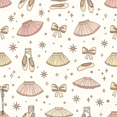 Seamless pattern with ballet tutus pointe shoes and bows