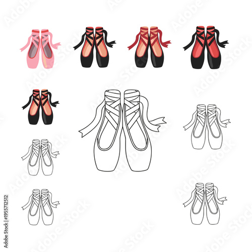 Collection of colorful and outline ballet shoes and ribbons