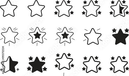 Premium Star Rating Icons Set – Shining Excellence Award Symbols, Sparkle Stars Outline, Five Point Star Line Icons, Editable Stroke Vector for UI UX Web and App