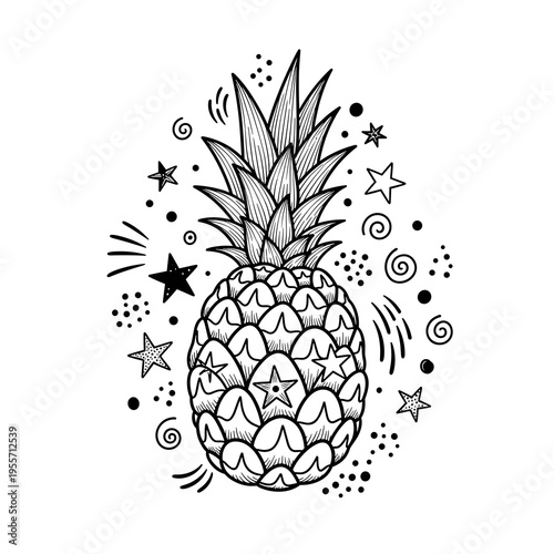 Artistic pineapple illustration surrounded by stars and doodle elements