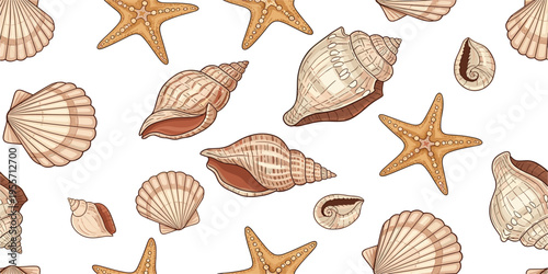 Seashell and Starfish Seamless Pattern with Hand Drawn Ocean Elements, Coastal Beach Illustration for Summer Textile, Wallpaper and Marine Design