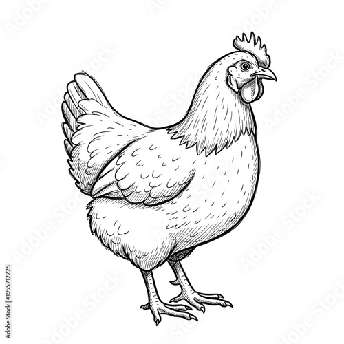 Realistic line art drawing of a chicken bird for farm design