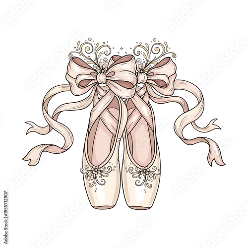 Detailed illustration of ballet pointe shoes with floral decorations