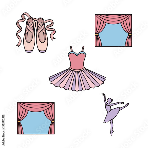Set of ballet icons including shoes dress curtains and dancer