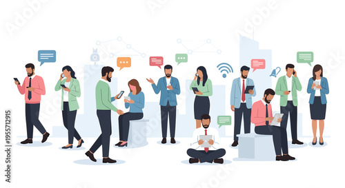 A diverse group of people using smartphones and digital devices, surrounded by communication icons and speech bubbles, illustrating modern connectivity and social media interaction.