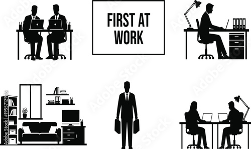 Black and white office silhouettes with people working at desks and a man with briefcases