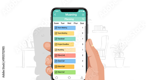 A hand holding a smartphone displaying a task management app with a list of scheduled events and meetings in a minimalist office setting.