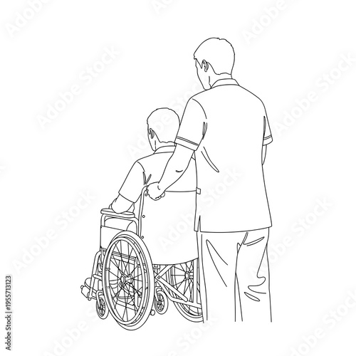 Continuous line drawing of a caregiver assisting a senior in a wheelchair