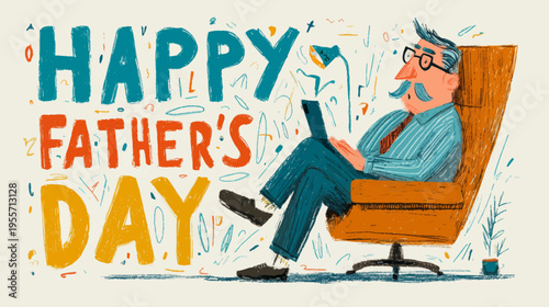 Happy Father’s Day Hand Drawn Gouache Style Illustration Of Relaxed Dad Using Laptop In Cozy Home Scene With Playful Typography
