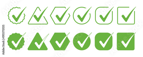 Green Checkmark Icon Set in Various Shapes. Approval sign, vector illustration.