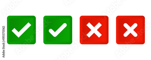 Green Checkmark and Red Cross Icon Set. Checkmark symbols for approval and disapproval for validation, confirmation, and checklists. Vector illustration.