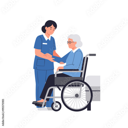 Compassionate nurse assisting an elderly woman in a wheelchair