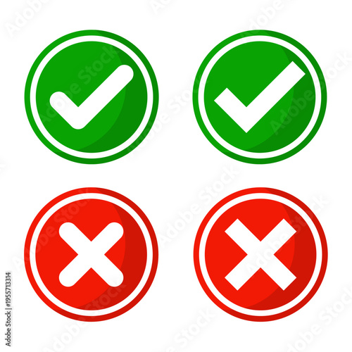 Green Checkmark and Red Cross Icon Set. Checkmark symbols for approval and disapproval for validation, confirmation, and checklists. Vector illustration.