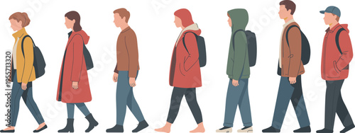 Flat vector illustration of a diverse group of young men and women standing together wearing stylish autumn outfits and coats isolated on white background