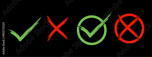 Green Checkmark and Red Cross Icon Set. Checkmark symbols for approval and disapproval for validation, confirmation, and checklists. Vector illustration.