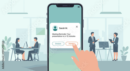A finger taps a notification on a smartphone screen reminding about a meeting in 15 minutes, set in a modern office environment with colleagues working.