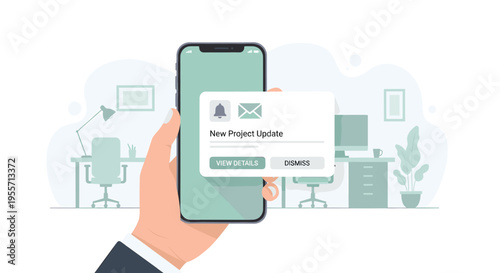 Hand holding a smartphone displaying a new project update notification with icons for bell and envelope.