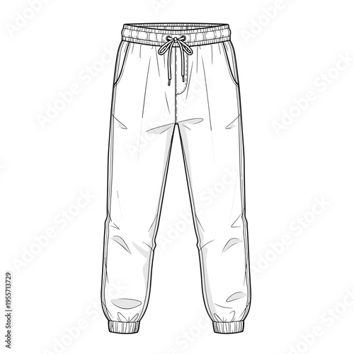 Flat sketch of men sweatpants with elastic waist and cuffs