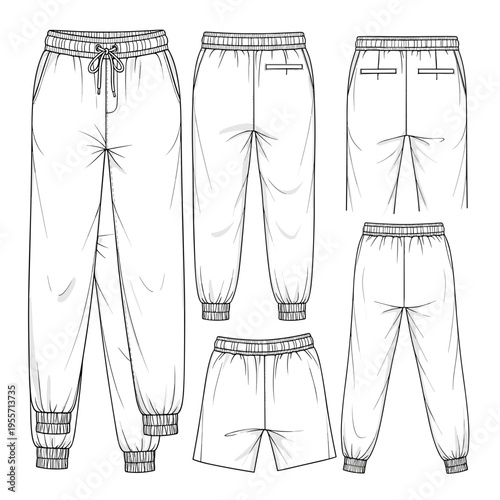 Technical fashion illustration set for men joggers and shorts