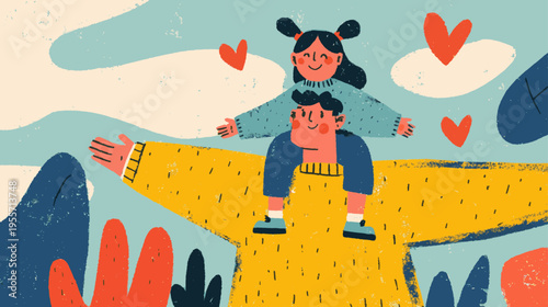 Joyful Father Carrying Child On Shoulders In Soft Pastel Flat Illustration Style For Happy Father’s Day Background Poster With Copy Space