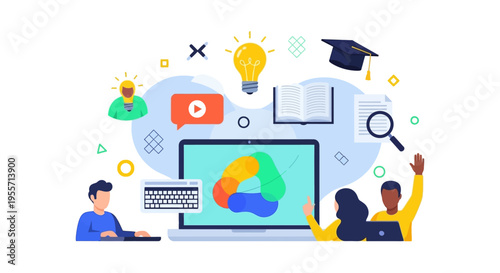 E-Learning and Online Education Concept. Digital Knowledge Acquisition, Interactive Course Training, and Academic Research Vector Illustration.