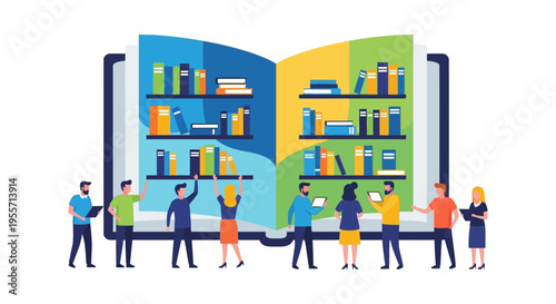 Digital Library Concept: People Reaching for Bookshelves in a Giant Open Book. E-learning, Reading, and Knowledge Access Vector Illustration.