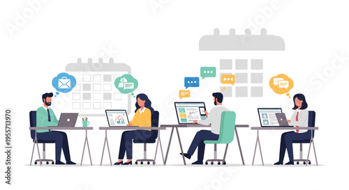 Four business people working on laptops in an office, managing schedules and communicating effectively.