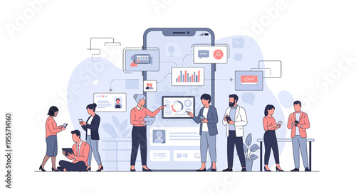 People interacting with mobile applications and data on a large smartphone screen, illustrating digital communication and business technology.