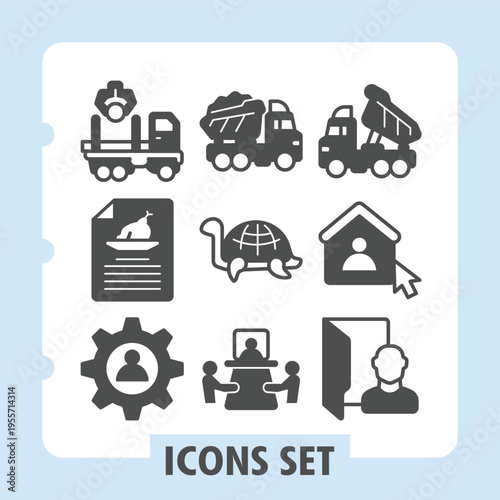 Truck, receipt, cogwheel modern icons set depicting industry, transportation and technology items in solid style for web apps and print on white background. Vector graphics. Set of nine glyph icons.