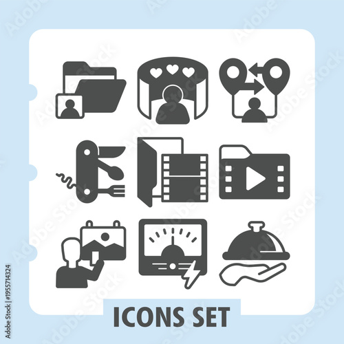 User folder, knife, visitor modern icons set featuring love, travel, shopping and navigation items in solid style for web apps and print on white background. Vector graphics. Set of nine glyph icons.