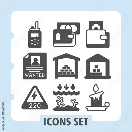 Walkie talkie, criminal, warning badge modern icons set including money, radio, electricity items in solid style for web apps and print on white background. Vector graphics. Set of nine glyph icons.