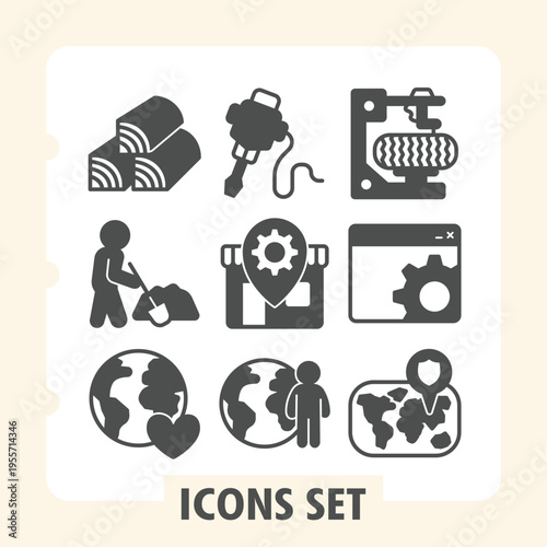 Tree timbers, construction worker, planet modern icons set featuring global, hardware, retail items in solid style for web apps and print on white background. Vector graphics. Set of nine glyph icons.