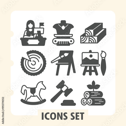 Cashier woman, tree log, wooden horse modern icons set featuring tools, toys and everyday items in solid style for web apps and print on white background. Vector graphics. Set of nine glyph icons.