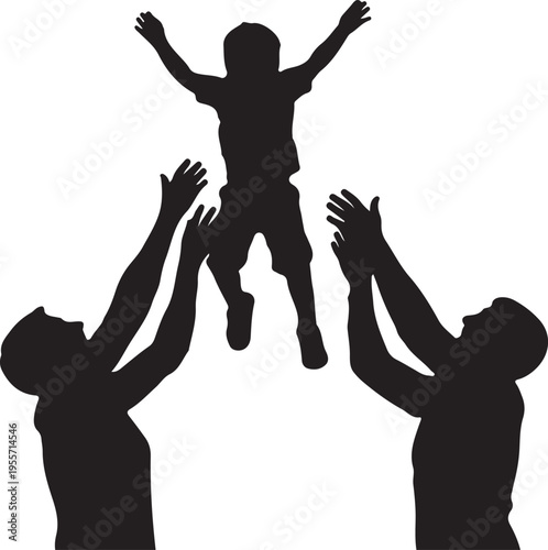 A joyful moment of a child being lifted by a group of supportive adults