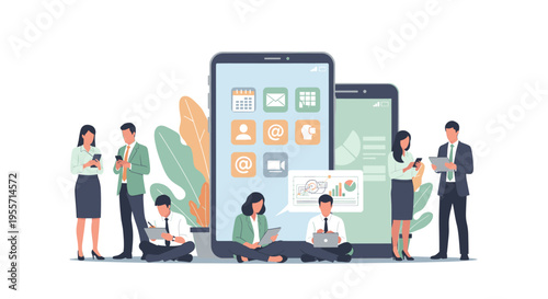 People interacting with large mobile phones and tablets, showcasing business applications and digital connectivity.