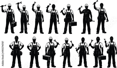 Construction worker silhouette collection featuring builders with tools, engineers and laborers in various poses, industrial workforce vector illustration set
