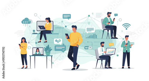 Diverse group of people using various digital devices and cloud technology for communication and work.